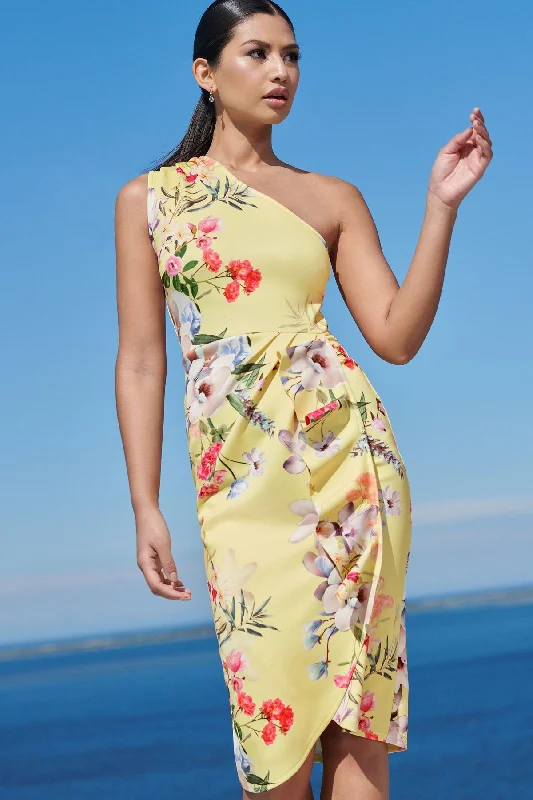 Denim DressOne Shoulder Floral Bodycon Dress Yellow