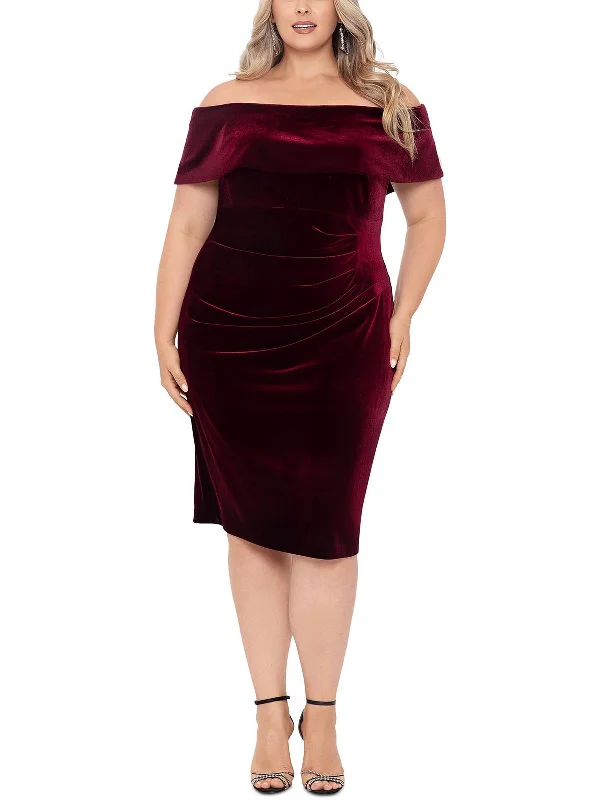 Bell-Sleeve DressPlus Womens Velvet Knee Bodycon Dress