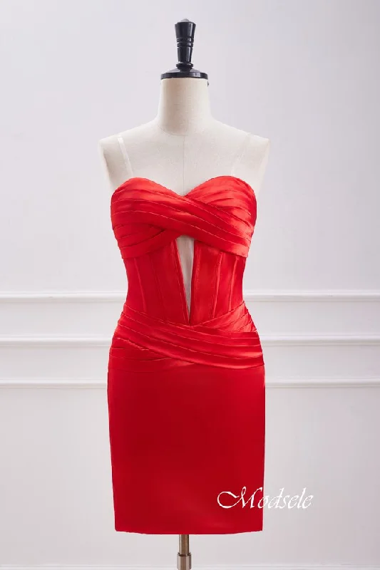 women's wedding guest dressesRed Strapless Keyhole Satin Sleeveless Bodycon Homecoming Dress