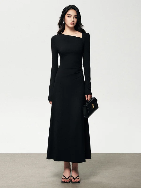 Velvet DressRibbed Knit Asymmetric Long Sleeve Bodycon Long Dress