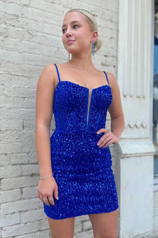 Cold-Shoulder DressShort Bodycon Royal Blue Homecoming Dress Sequins Straps