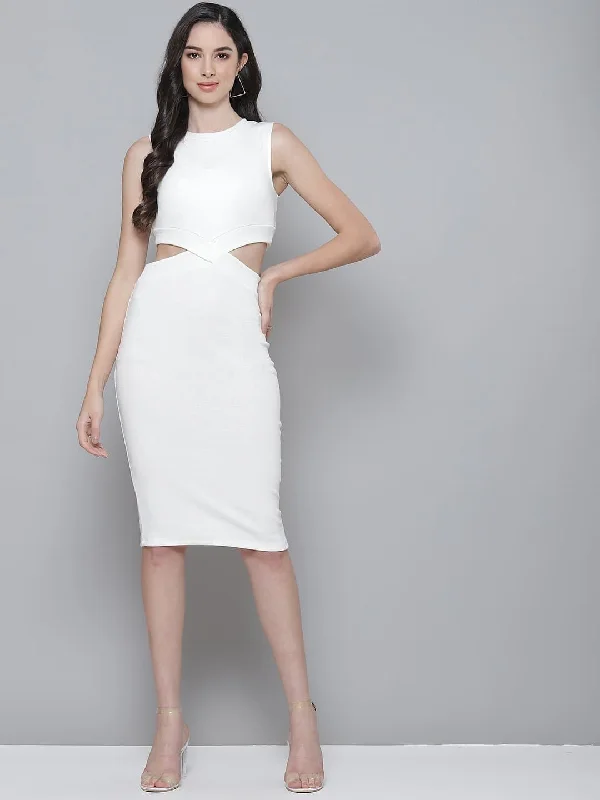 Long-Sleeve DressWhite Rib Side Cut-Out Bodycon Dress