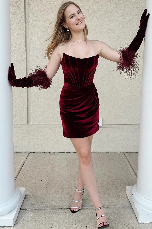 women's empire waist dressesWine Red Velvet Strapless Bodycon Short Homecoming Dress