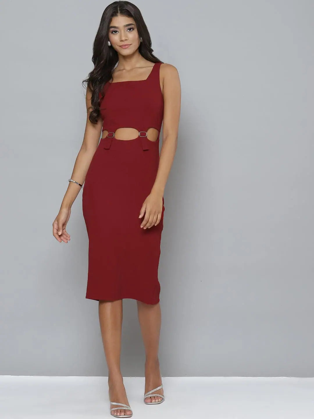 women's petite dressesWomen Maroon Cut-Out Buckle Detail Bodycon Dress