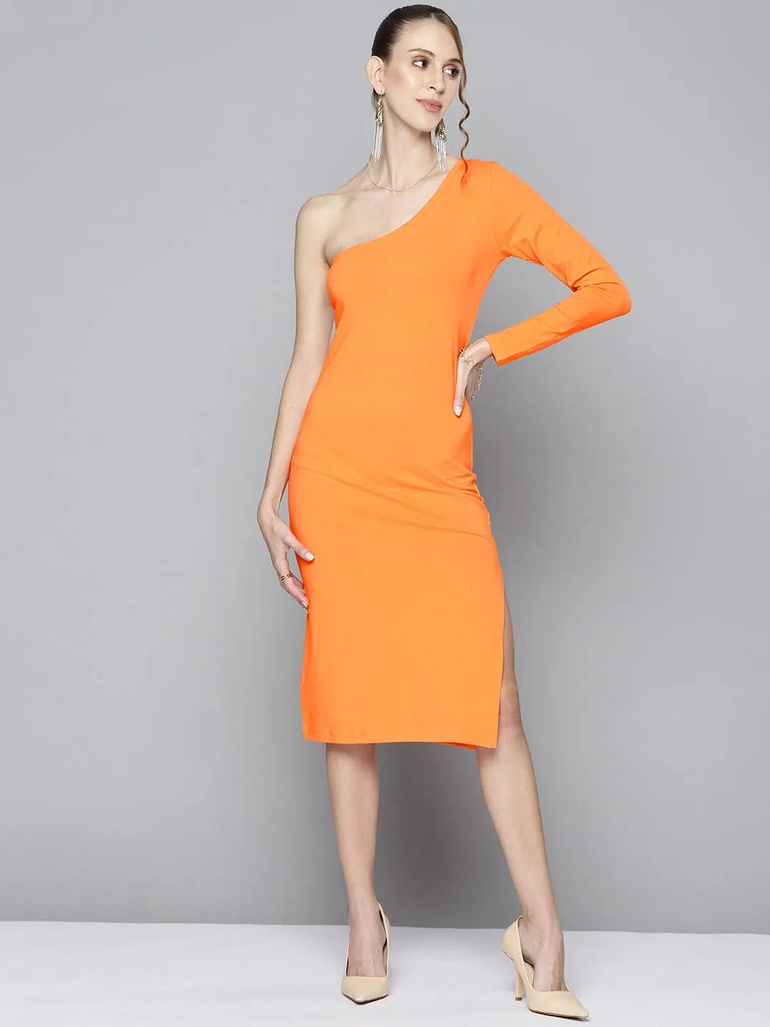 women's everyday dressesWomen Orange One Shoulder Bodycon Dress