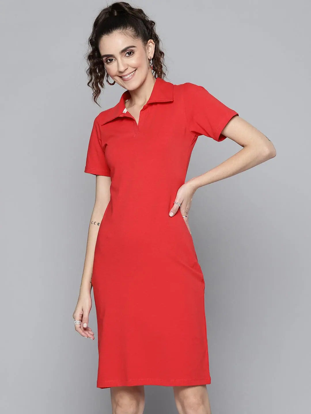 women's minimalist dressesWomen Red Polo Neck Bodycon Dress