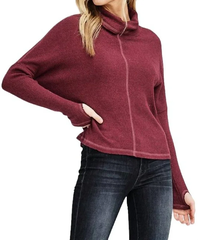 Extra-Large Knitted Crewneck SweatersCamryn Ribbed Turtleneck Dolman Sleeve Top In Wine