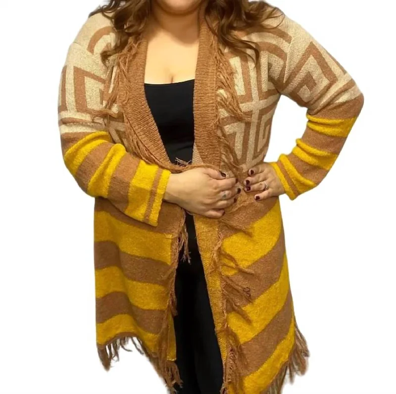 Knitted Crewneck SweatersGeometric Fringed Open Front Cardigan In Yellow