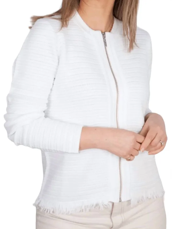 Retro Stylish Flannel SweatersTexture Fringe Zip Cardigan In White