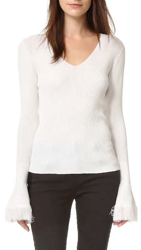 Elegant Hooded Cashmere SweatersV-Neck Ribbed Sweater In White