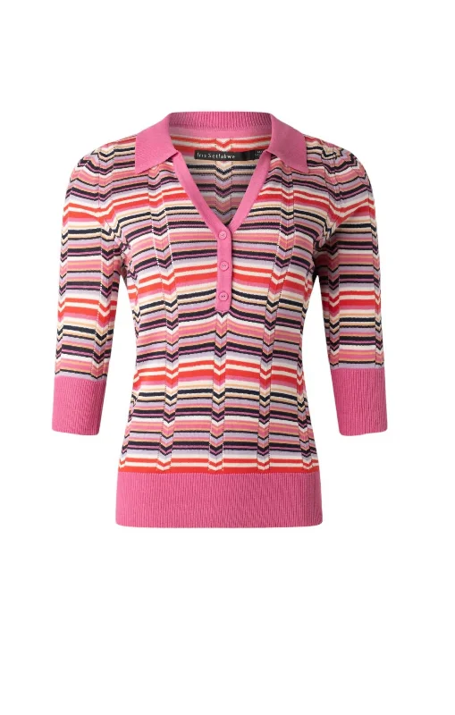 Wholesale Affordable Women's SweatersWomen's V Neck Polo With Contrast Rib Sweater In Pink Multi